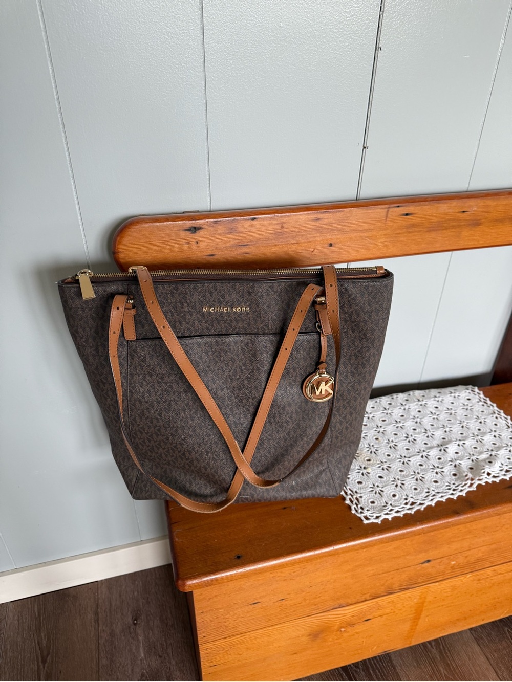 Michael Kors Dark Brown Logo Tote with Tan Straps